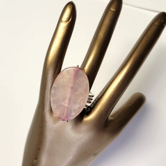 Pink Gemstone Ring with Veins Adjustable Band - Unique, One Of A Kind - Picture 2 of 11